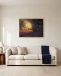 Hero of a Hundred Fights by J. M. W. Turner framed in natural oak above a cream sofa in a warm living room