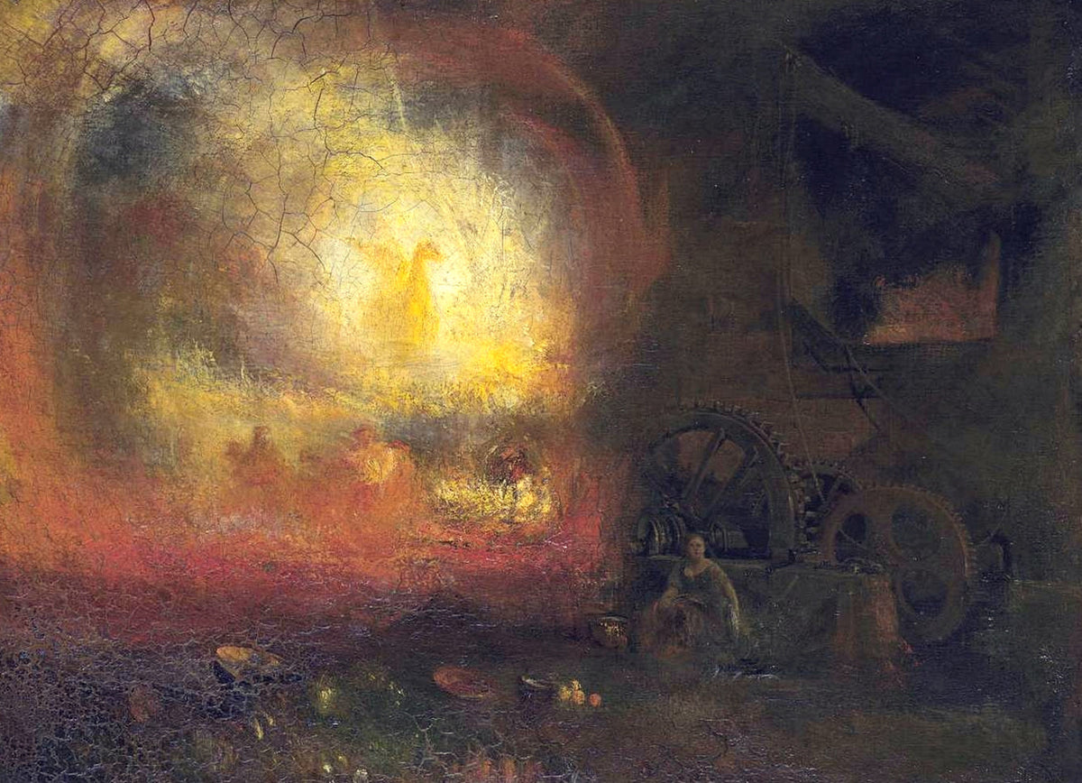 The Hero of a Hundred Fights by Turner: a blaze of molten golden light in a dark foundry, wheels and machinery in shadow