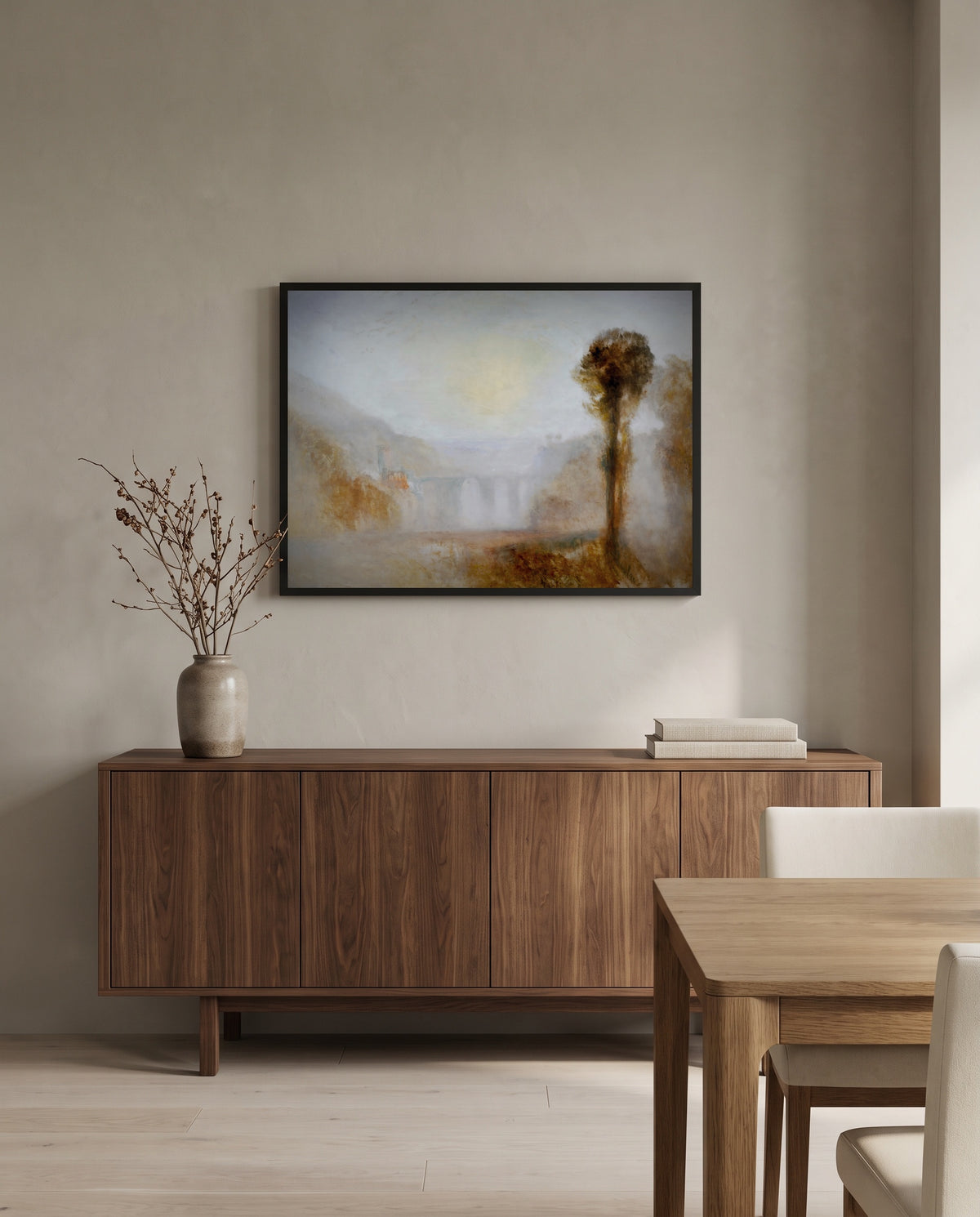 Ponte delle Torri, Spoleto by J. M. W. Turner in a black frame above a walnut sideboard in a dining room
