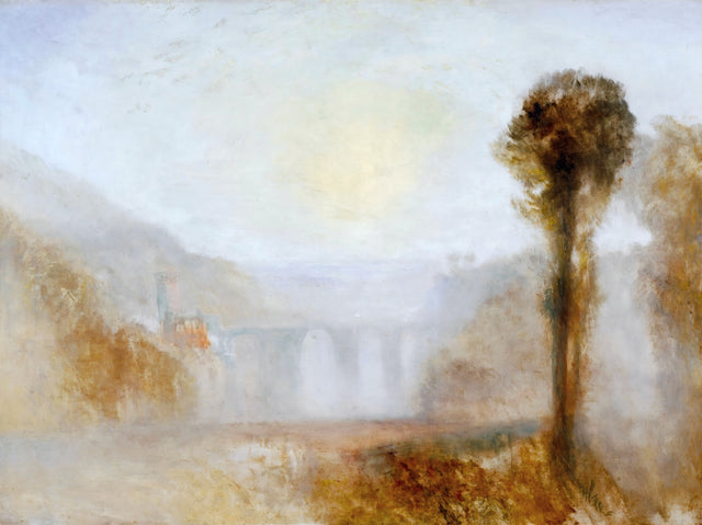The Ponte delle Torri, Spoleto by J. M. W. Turner: a pale arched bridge in a golden haze, a tall tree on the right