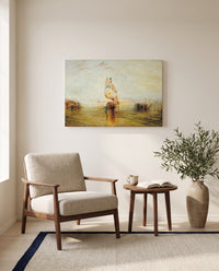 The Sun of Venice by J. M. W. Turner as a stretched canvas above a linen lounge chair in a reading corner
