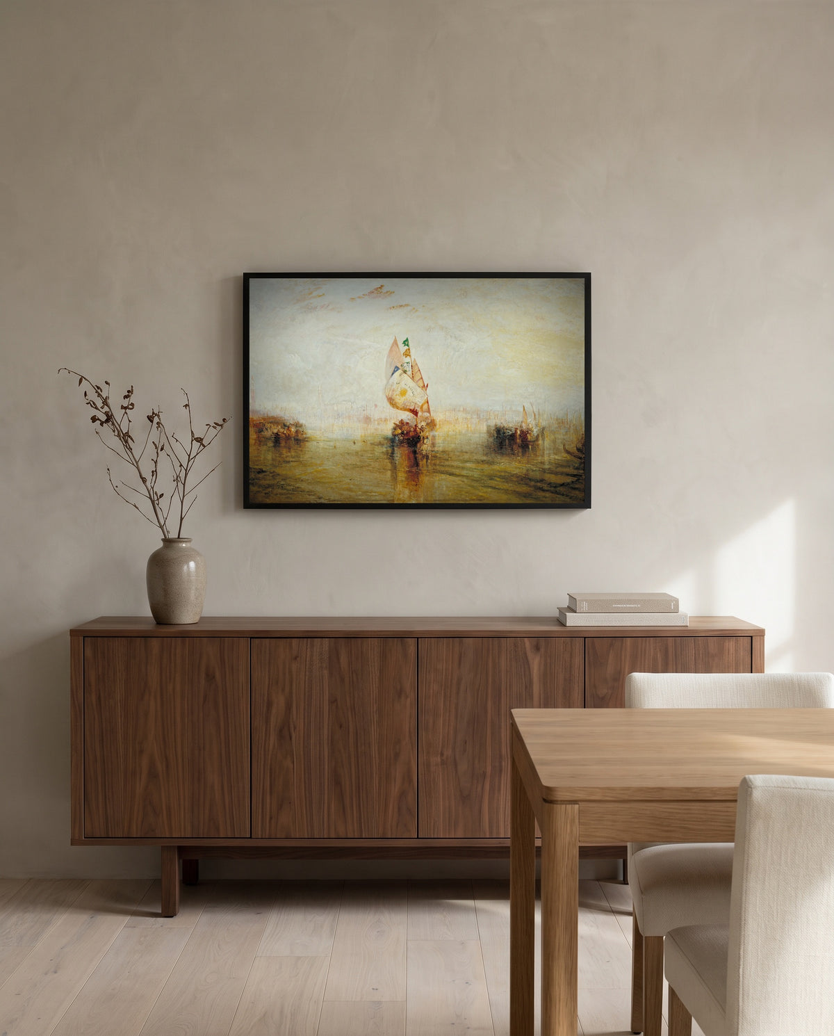 The Sun of Venice by J. M. W. Turner in a black frame above a walnut sideboard in a dining room