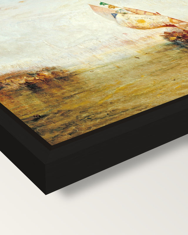 The Sun of Venice by Turner framed canvas, corner close-up: a black floating frame with a shadow gap round the canvas