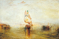 The Sun of Venice Going to Sea by Turner: a fishing boat with white painted sails on calm golden water, Venice faint behind