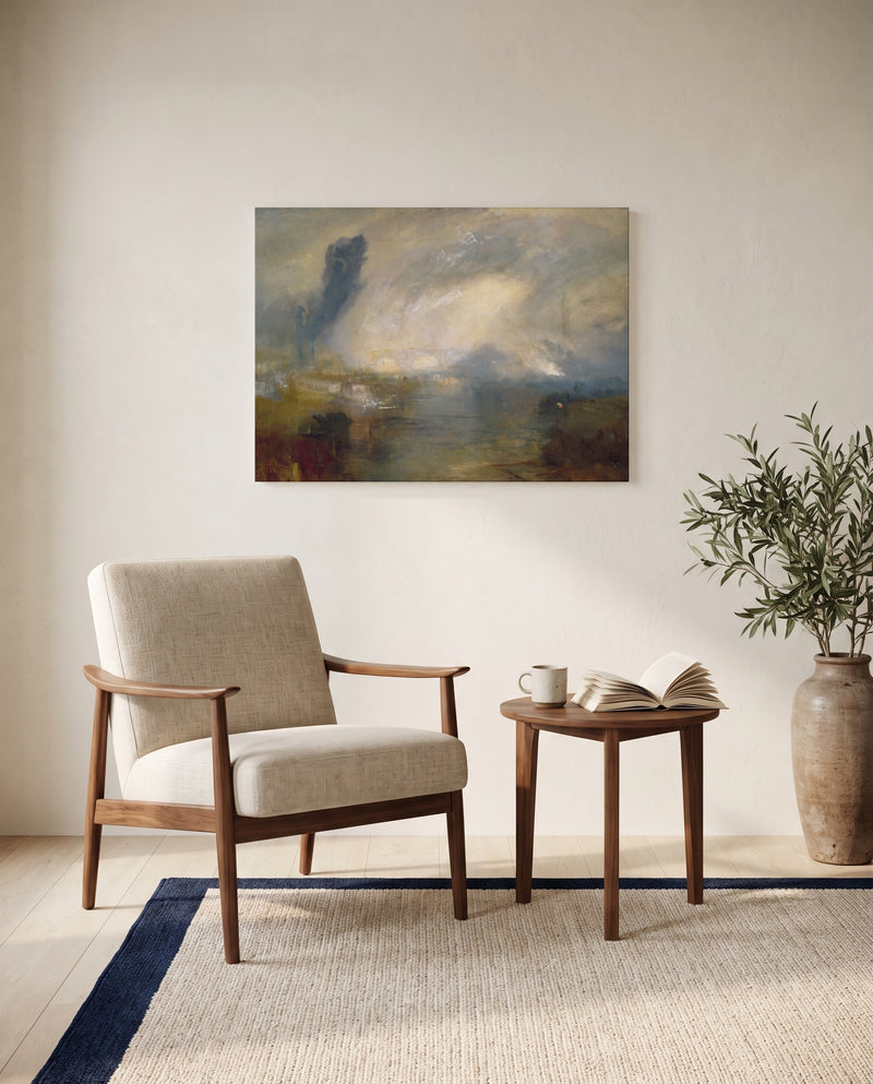 Thames above Waterloo Bridge by J. M. W. Turner as a stretched canvas above a linen lounge chair in a reading corner