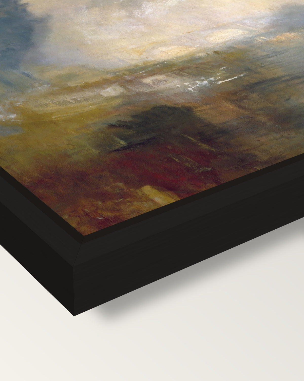 Thames above Waterloo Bridge framed canvas, corner close-up: a black floating frame with a shadow gap round the canvas