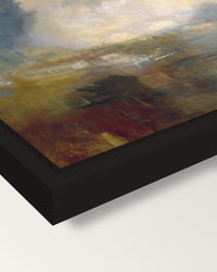 Thames above Waterloo Bridge framed canvas, corner close-up: a black floating frame with a shadow gap round the canvas