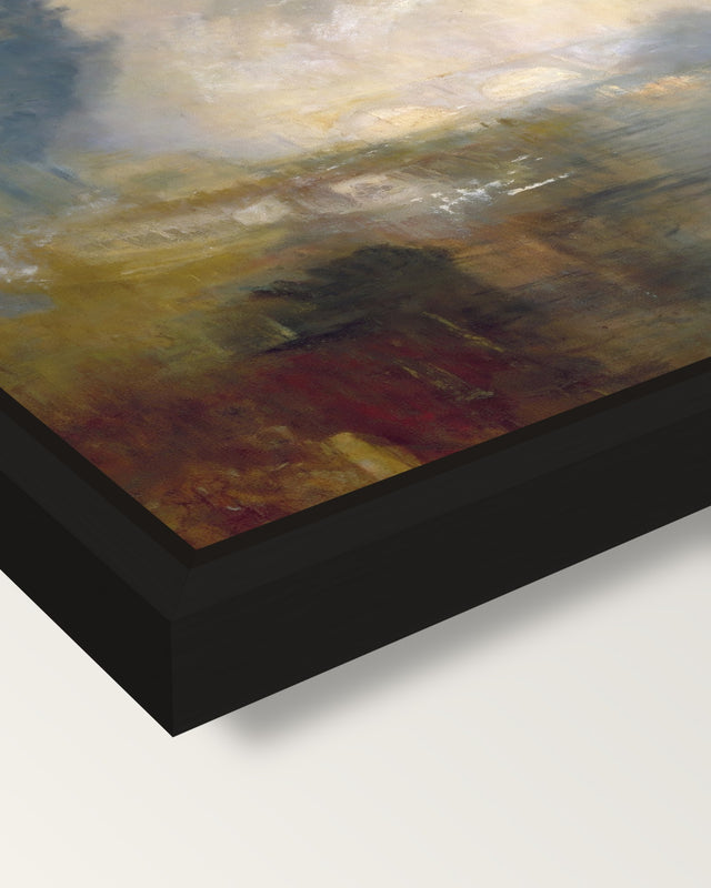 Thames above Waterloo Bridge framed canvas, corner close-up: a black floating frame with a shadow gap round the canvas