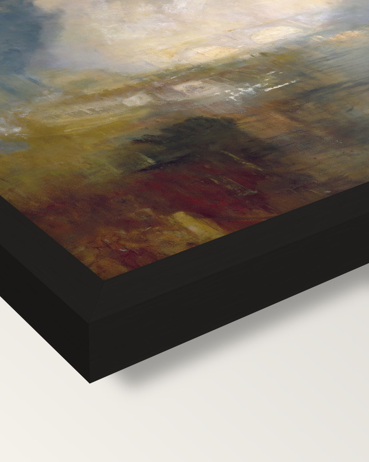 Thames above Waterloo Bridge framed print, corner close-up: black moulding, mitred, the print set just below its edge