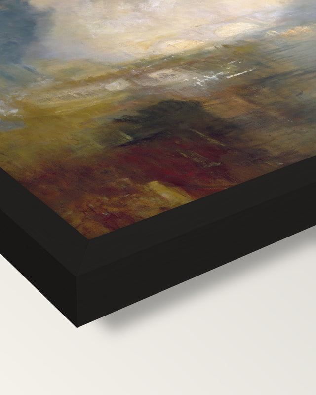 Thames above Waterloo Bridge framed print, corner close-up: black moulding, mitred, the print set just below its edge