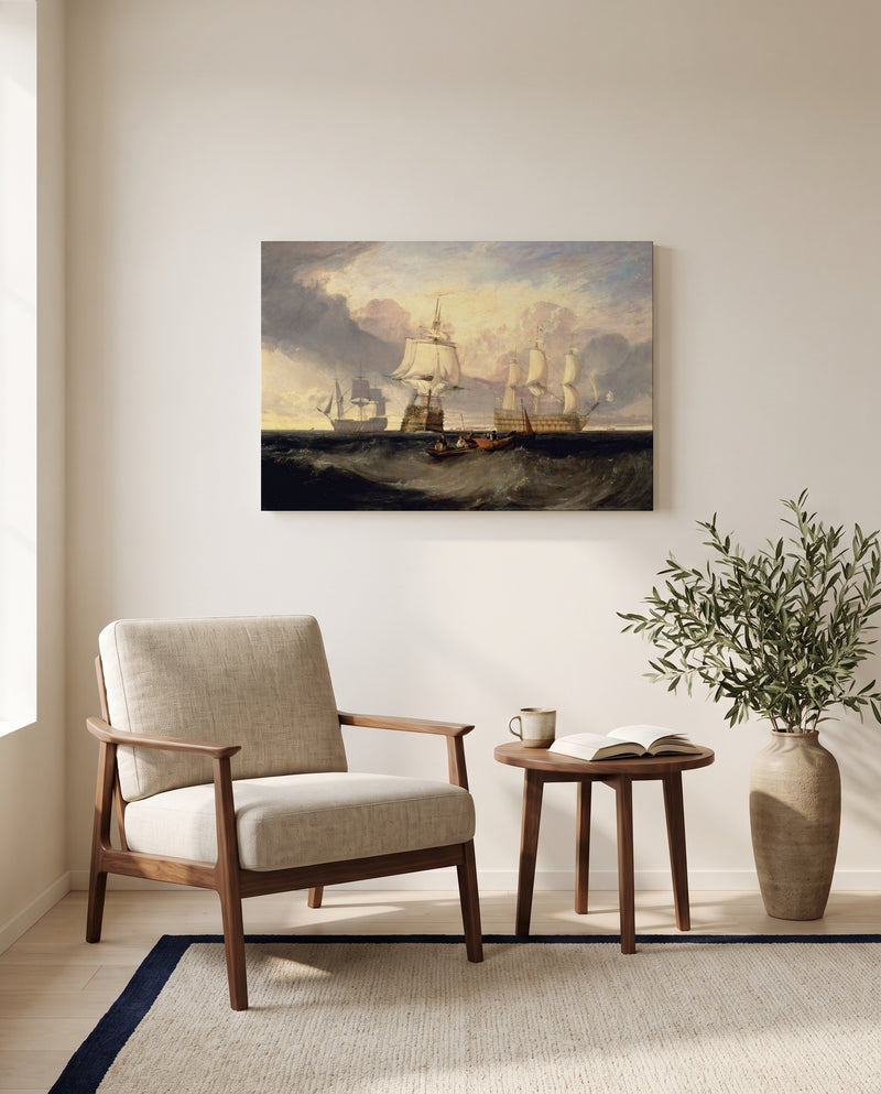 Victory from Trafalgar by J. M. W. Turner as a stretched canvas above a linen lounge chair in a reading corner