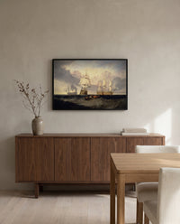 Victory from Trafalgar by J. M. W. Turner in a black frame above a walnut sideboard in a dining room