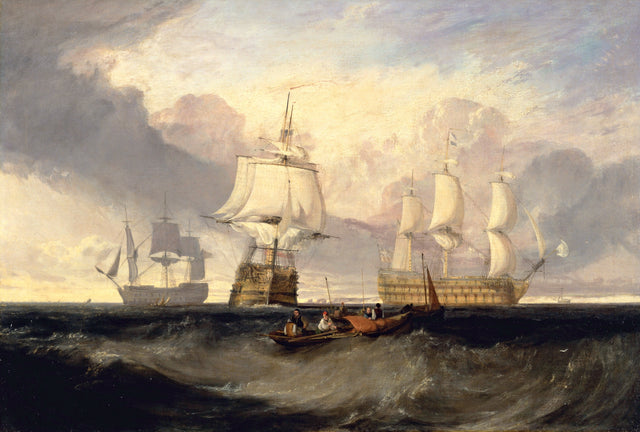 The Victory Returning from Trafalgar by Turner: three views of a great sailing warship on a green sea, a small boat in front