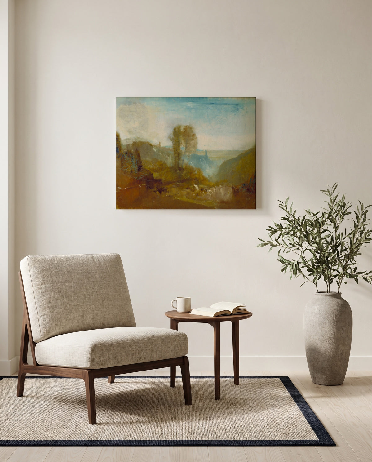 Tivoli, the Cascatelle by J. M. W. Turner as a stretched canvas above a linen lounge chair in a reading corner