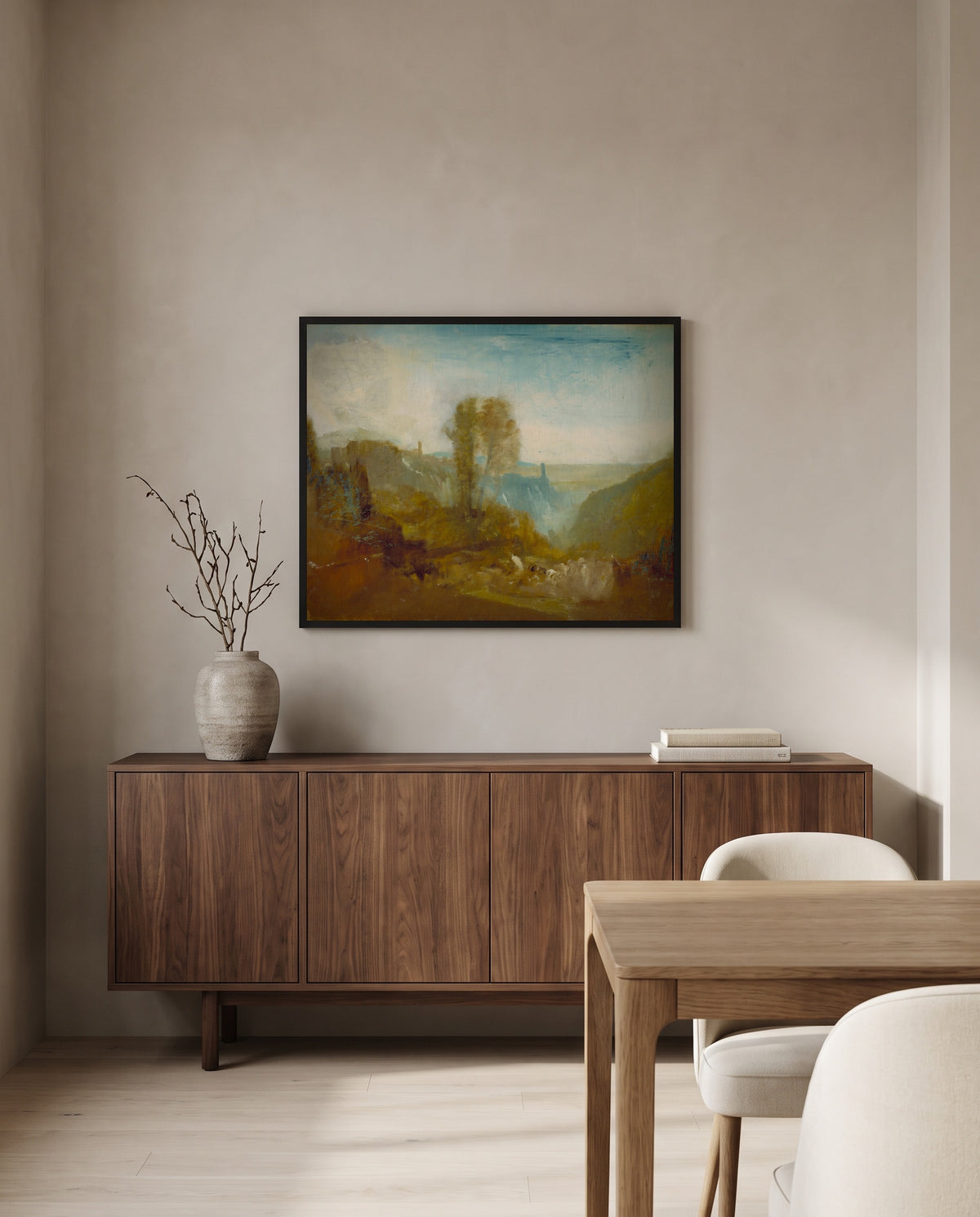 Tivoli, the Cascatelle by J. M. W. Turner in a black frame above a walnut sideboard in a dining room
