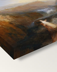 Tobias and the Angel by J. M. W. Turner on stretched canvas, corner close-up: the painting mirror-wrapped round the sides