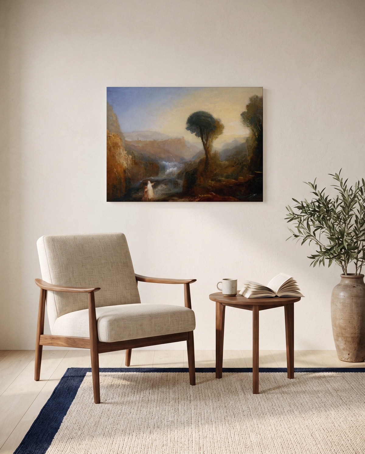 Tobias and the Angel by J. M. W. Turner as a stretched canvas above a linen lounge chair in a reading corner