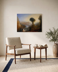 Tobias and the Angel by J. M. W. Turner as a stretched canvas above a linen lounge chair in a reading corner
