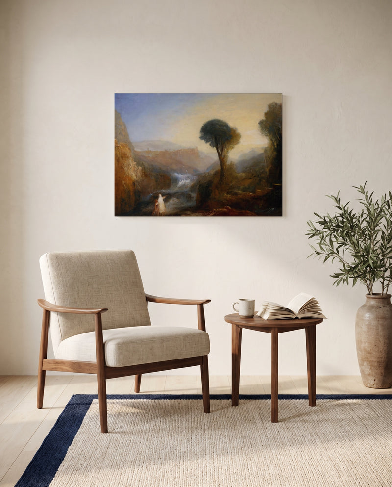Tobias and the Angel by J. M. W. Turner as a stretched canvas above a linen lounge chair in a reading corner