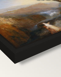 Tobias and the Angel by Turner framed canvas, corner close-up: a black floating frame with a shadow gap round the canvas