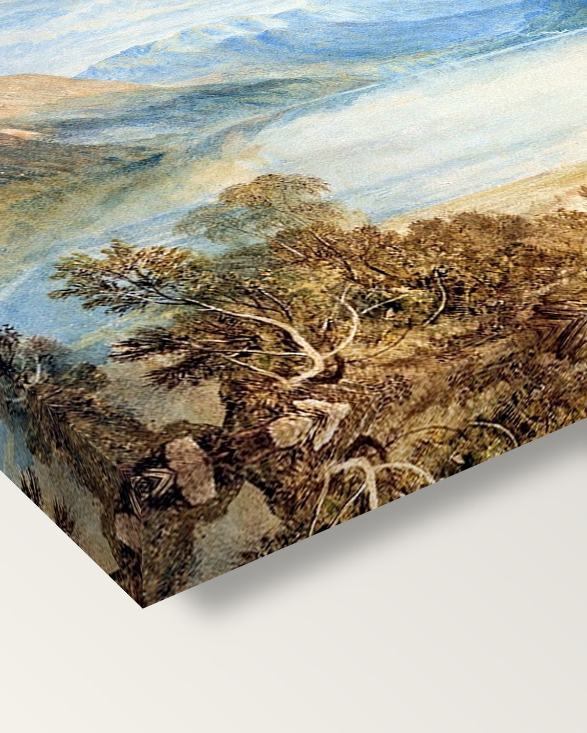 Ullswater by J. M. W. Turner on stretched canvas, corner close-up: the painting mirror-wrapped round the sides
