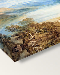 Ullswater by J. M. W. Turner on stretched canvas, corner close-up: the painting mirror-wrapped round the sides