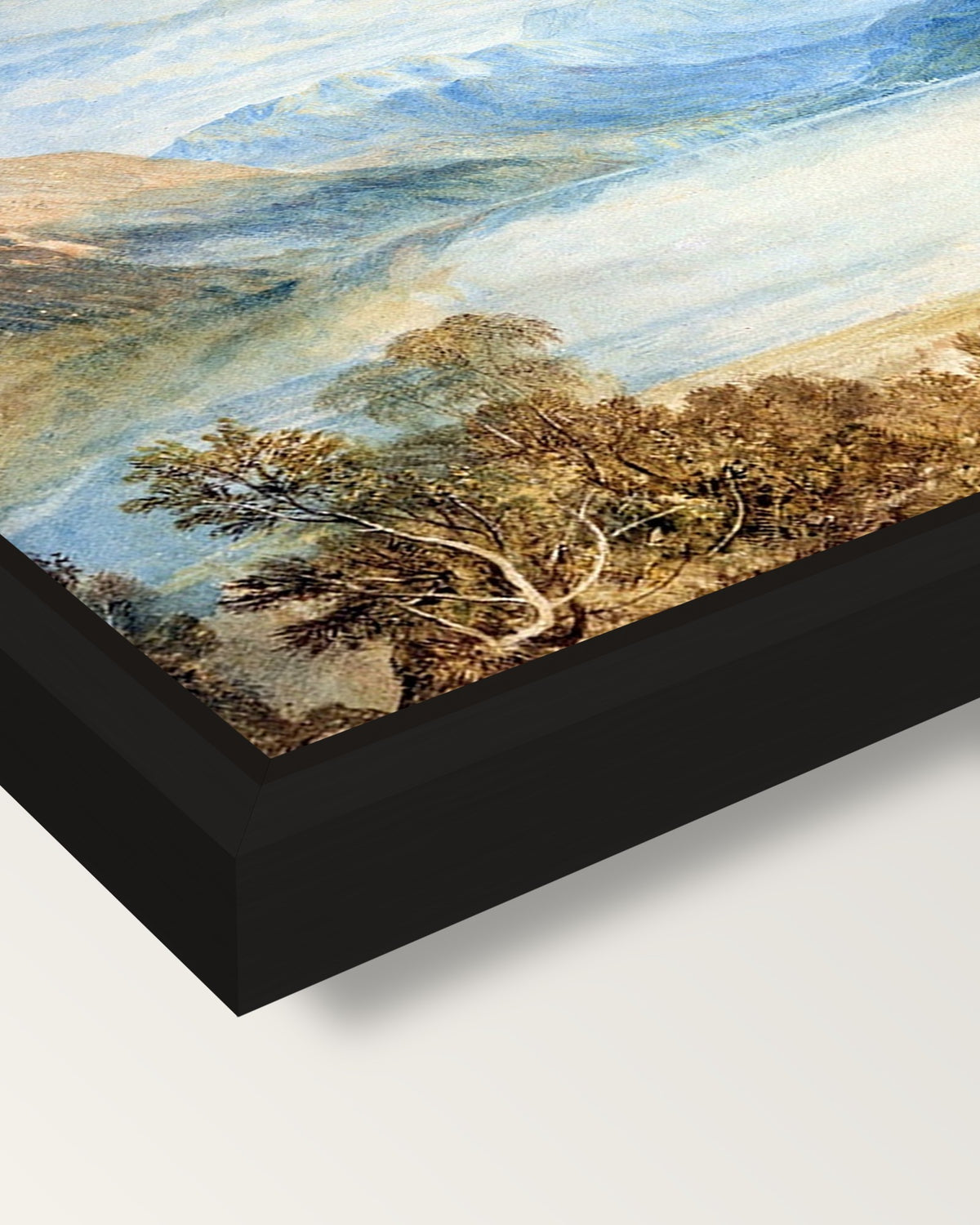 Ullswater by J. M. W. Turner framed canvas, corner close-up: a black floating frame with a shadow gap round the canvas
