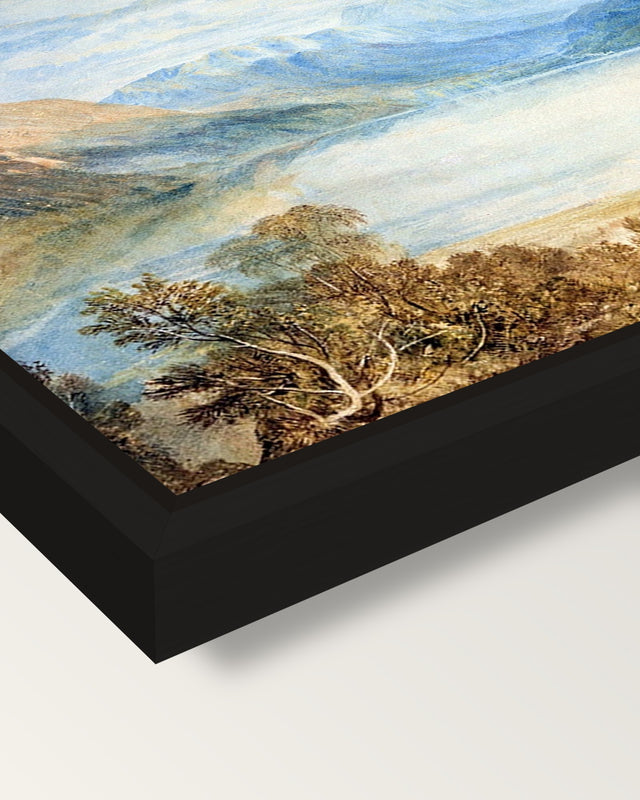 Ullswater by J. M. W. Turner framed canvas, corner close-up: a black floating frame with a shadow gap round the canvas