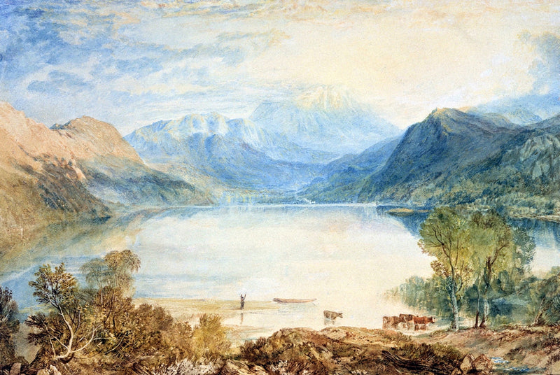 Ullswater from Gowbarrow Park by Turner: a silver lake below blue mountains, trees and cattle on the near shore