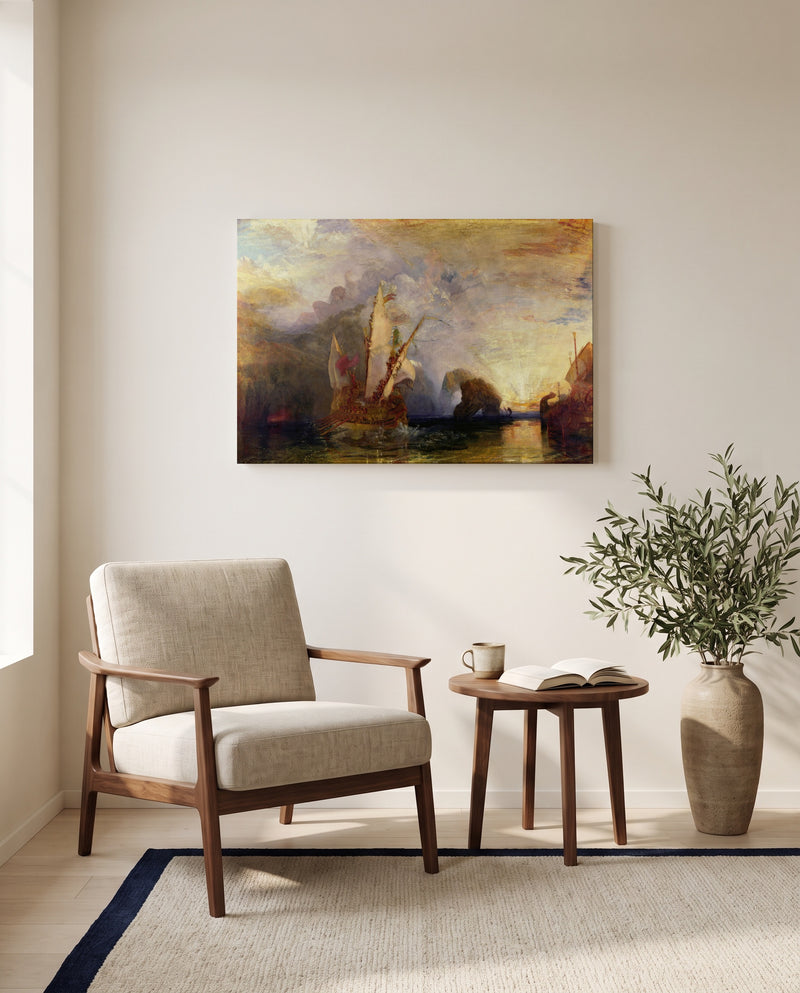 Ulysses Deriding Polyphemus by J. M. W. Turner as a stretched canvas above a linen lounge chair in a reading corner