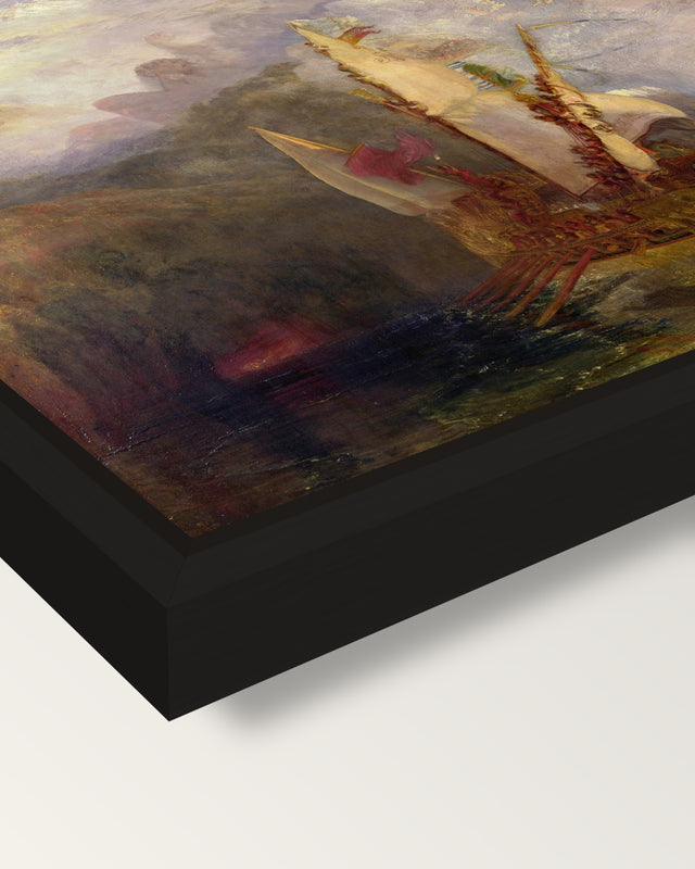 Ulysses Deriding Polyphemus framed canvas, corner close-up: a black floating frame with a shadow gap round the canvas