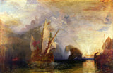 Ulysses Deriding Polyphemus by Turner: a gilded ship with red flags sails into a blazing sunrise below misty cliffs