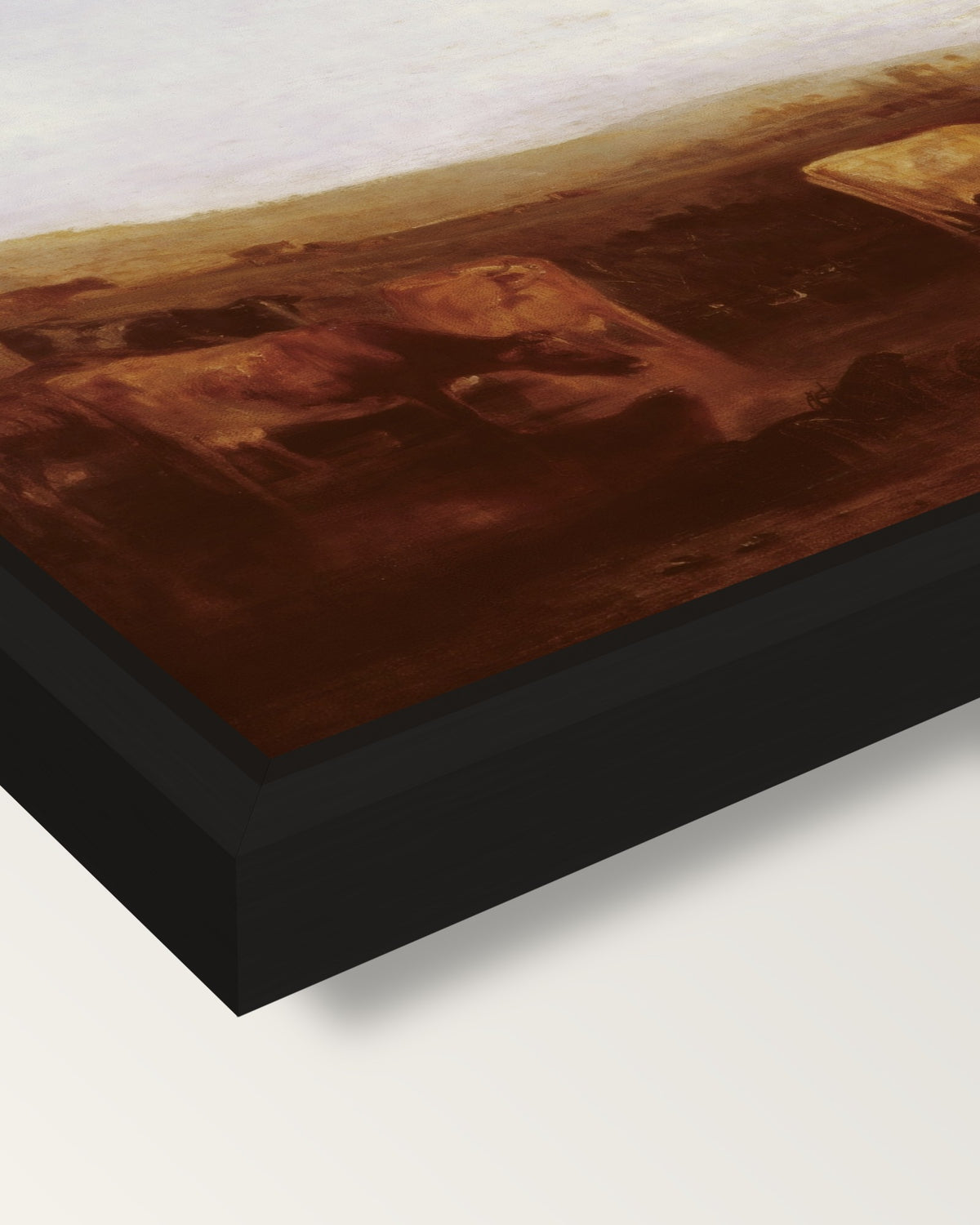 Union of the Thames and Isis framed canvas, corner close-up: a black floating frame with a shadow gap round the canvas