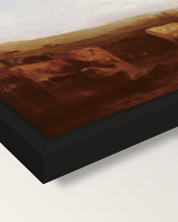 Union of the Thames and Isis framed canvas, corner close-up: a black floating frame with a shadow gap round the canvas