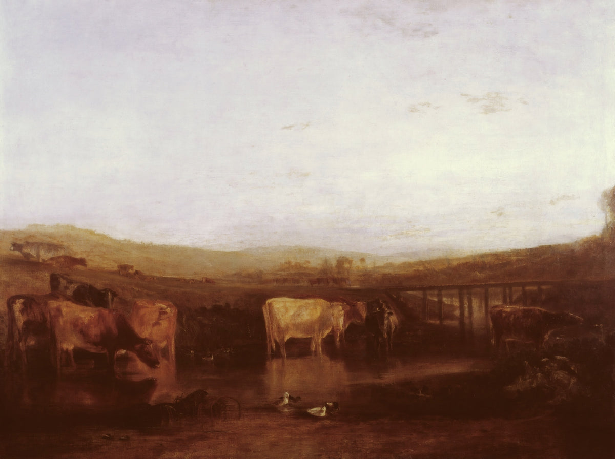 Union of the Thames and Isis by J. M. W. Turner: cows standing in the shallows of a river at evening, a wooden bridge beyond
