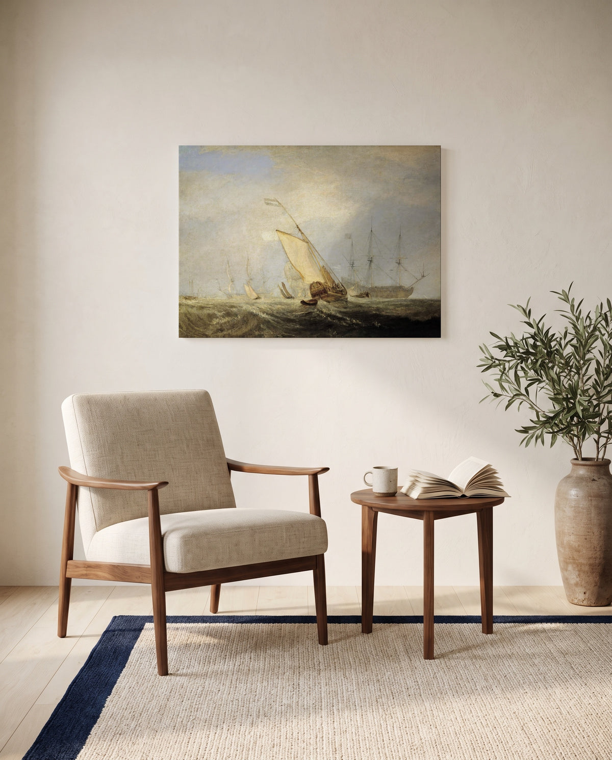 Van Tromp Returning by J. M. W. Turner as a stretched canvas above a linen lounge chair in a reading corner