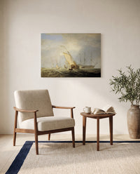 Van Tromp Returning by J. M. W. Turner as a stretched canvas above a linen lounge chair in a reading corner