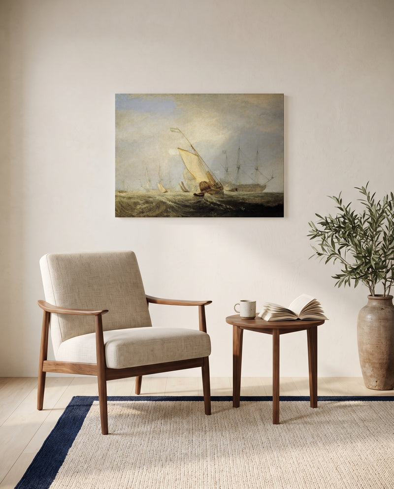 Van Tromp Returning by J. M. W. Turner as a stretched canvas above a linen lounge chair in a reading corner