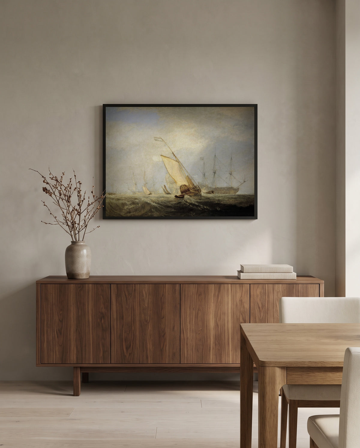 Van Tromp Returning by J. M. W. Turner in a black frame above a walnut sideboard in a dining room
