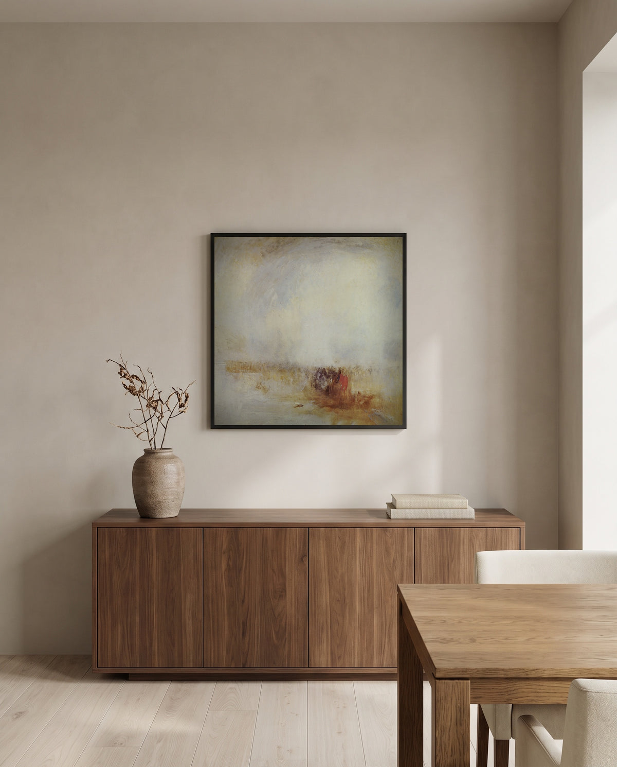 Venetian Scene by J. M. W. Turner in a black frame above a walnut sideboard in a dining room