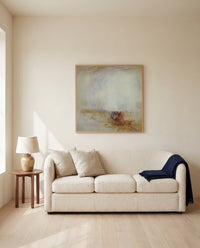 Venetian Scene by J. M. W. Turner framed in natural oak above a cream sofa in a warm living room
