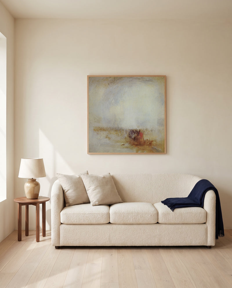 Venetian Scene by J. M. W. Turner framed in natural oak above a cream sofa in a warm living room