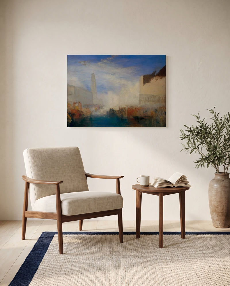 Doge Marrying the Sea by J. M. W. Turner as a stretched canvas above a linen lounge chair in a reading corner