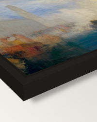 Doge Marrying the Sea by Turner framed canvas, corner close-up: a black floating frame with a shadow gap round the canvas
