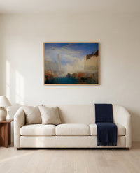 Doge Marrying the Sea by J. M. W. Turner framed in natural oak above a cream sofa in a warm living room