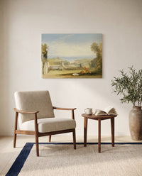 Terrace at Niton by J. M. W. Turner as a stretched canvas above a linen lounge chair in a reading corner