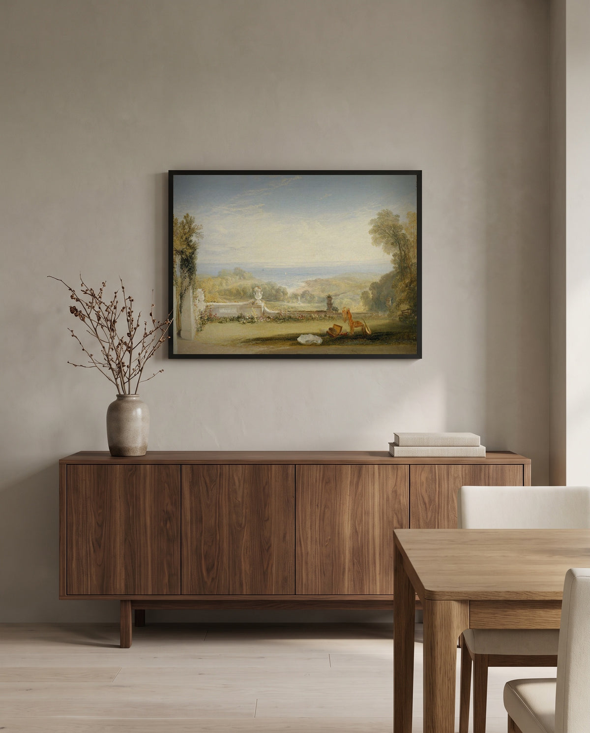 Terrace at Niton by J. M. W. Turner in a black frame above a walnut sideboard in a dining room