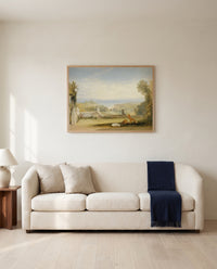 Terrace at Niton by J. M. W. Turner framed in natural oak above a cream sofa in a warm living room