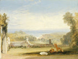 View from the Terrace of a Villa at Niton by Turner: a sunny garden terrace with an urn, a lute and a cloth, the sea beyond