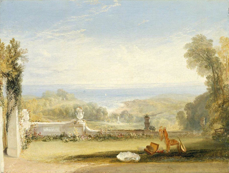 View from the Terrace of a Villa at Niton by Turner: a sunny garden terrace with an urn, a lute and a cloth, the sea beyond
